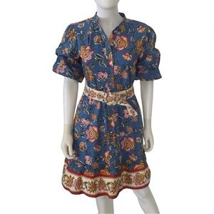 Joie Blue Floral Midi Dress with Pink and Yellow Accents